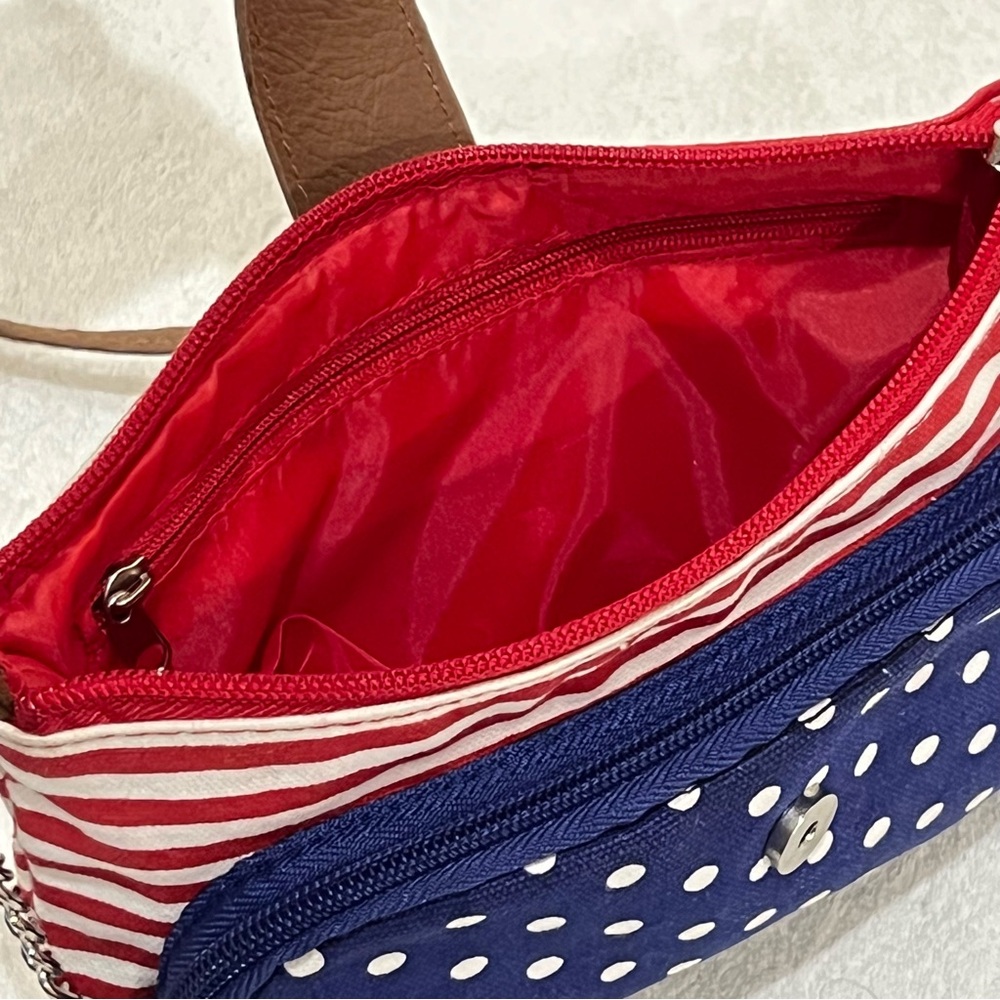 Patriotic American Flag Crossbody Bag Red White & Blue Stripes Polka Dot Purse - Picture 12 of 14